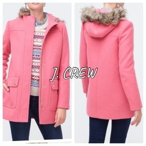 J. Crew Factory Pink Wool Blend Hooded Coat with Faux Fur Trim